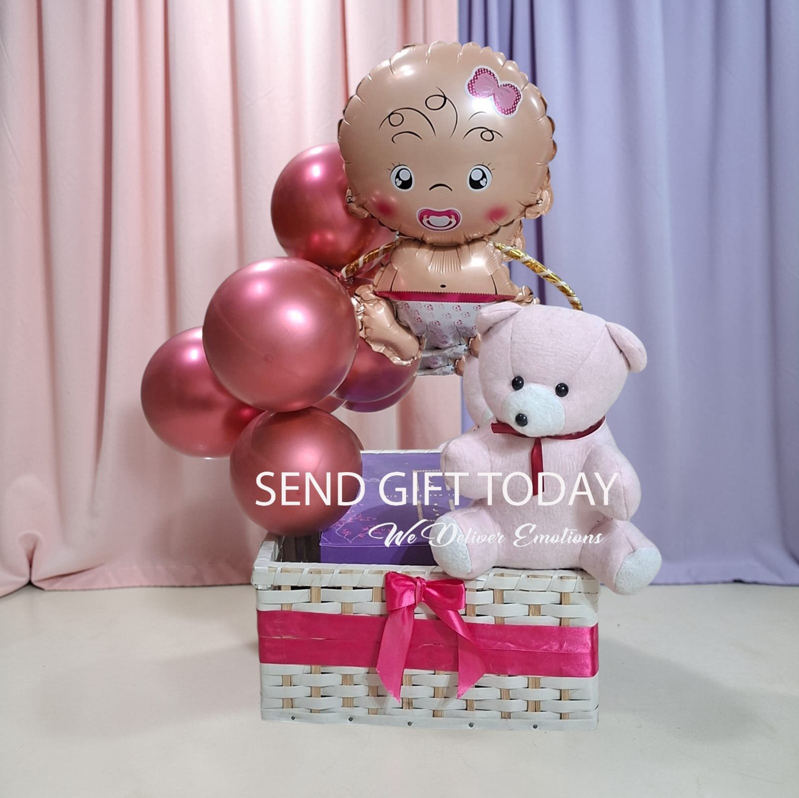 New Born Baby Girl Bliss Gift basket New Born Baby Girl Cake basket with Teddy - Image 1